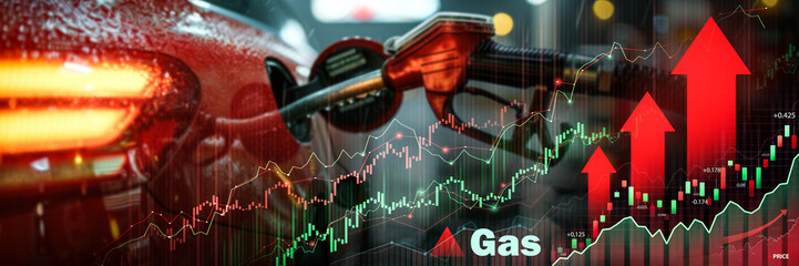 Taillights of cars overlaid with stock market graphs indicating trends in gas prices