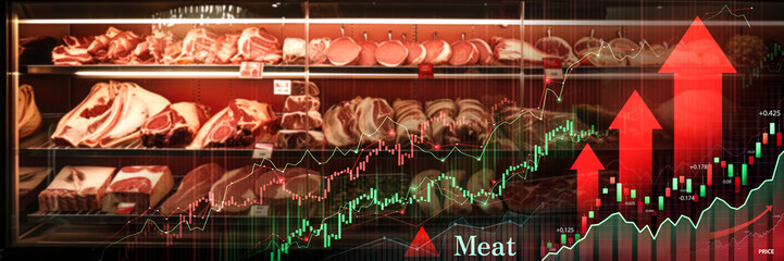 Deli display with various meats overlayed with rising financial charts