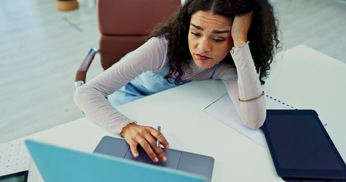 Business, woman and tired in office or laptop with burnout, fatigue or depression for mental health. Entrepreneur, employee and bored with overtime research, technology and overworked at workplace
