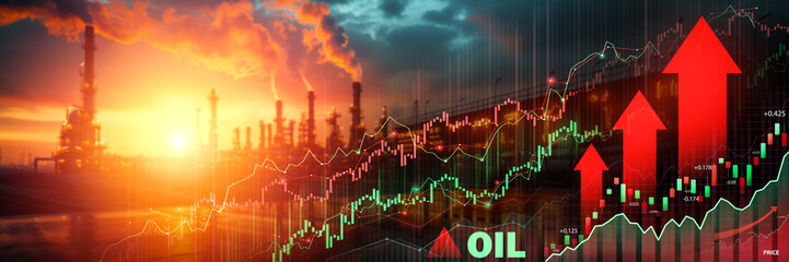 Oil pumps at sunrise with upward trending financial graphs