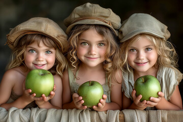 Fototapeta premium Group portrait of three Caucasian and Hispanic children girls sitting together with apples. Juice, fresh fruit and healthy food advertising concept.
