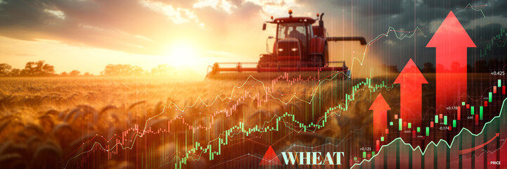 Sunset over wheat fields with combine and rising financial chart, illustrating market dynamics - obrazy, fototapety, plakaty