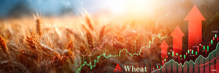 Golden wheat field with rising financial graphs, suggesting market trends.