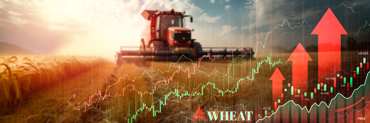 Combine harvester in wheat field overlaid with bullish market graph, symbolizing growth