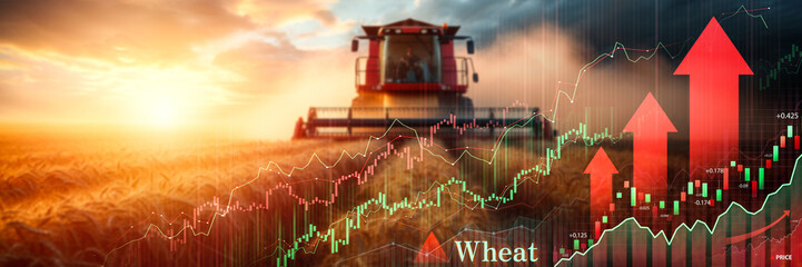 Combine harvester in wheat field overlaid with bullish market graph, symbolizing growth
