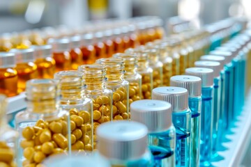 Fototapeta premium Medical laboratory pill equipment plastic bottles tubes for drug testing analysis. Science technology, chemistry, biology, health. Glassware tubes liquids for experiments and pharmaceutical research.