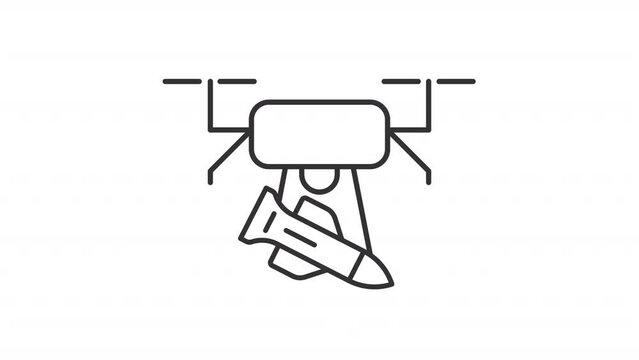 Animated drone dive bomb icon. Military aerial vehicle support line animation. Missile transportation. Black illustration on white background. HD video with alpha channel. Motion graphic