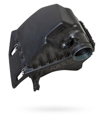 Filter housing for cleaning the intake manifold of the car engine made of black plastic for air conditioning and prevent dust from entering passenger compartment. Sale spare parts for auto-parsing. - obrazy, fototapety, plakaty