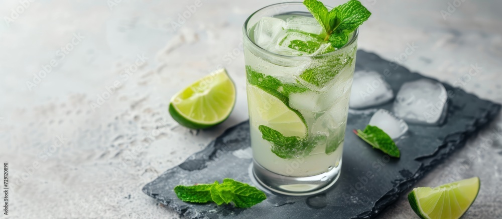 Sticker Lime and mint-infused mojito served in a tall glass on a grey stone surface.