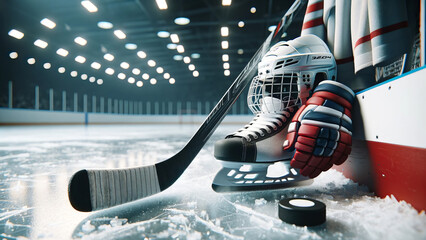 Ice Hockey Gear Detailed Still Life on Rink - obrazy, fototapety, plakaty