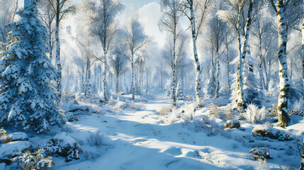 Serene winter forest landscape covered in snow, showcasing the tranquil beauty and cold atmosphere of a frosty, snowy environment