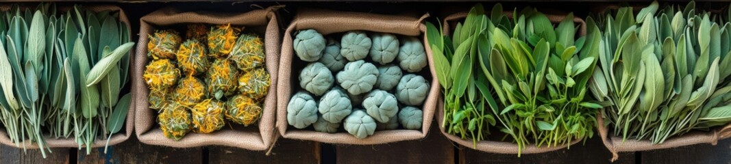 Spice market stall featuring bundles of sage leaves