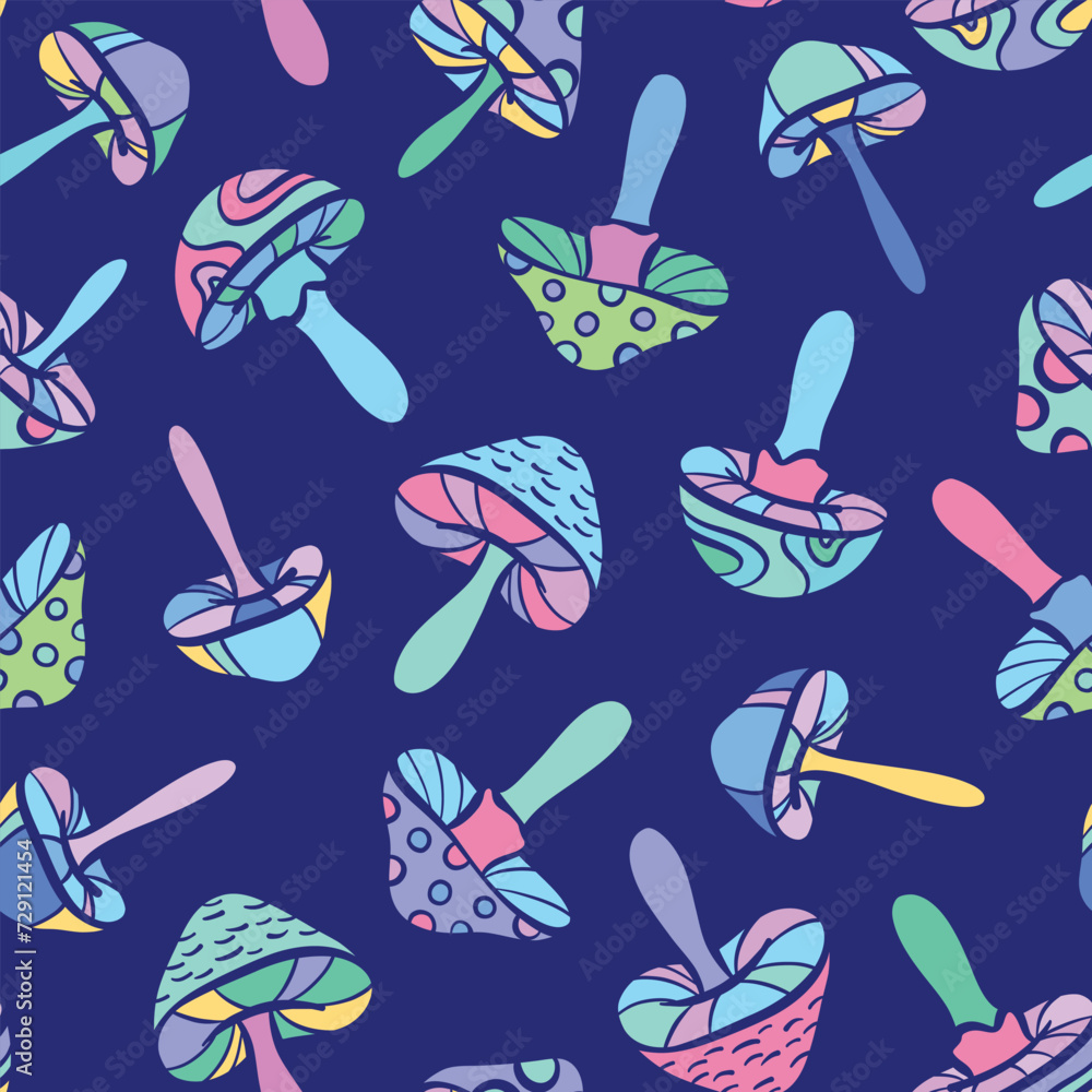 Poster Psychedelic mushroom vector repeat pattern, colorful funky retro backgorund design