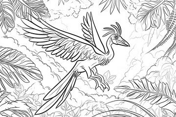 Archaeopteryx Dinosaur Black White Linear Doodles Line Art Coloring Page, Kids Coloring Book