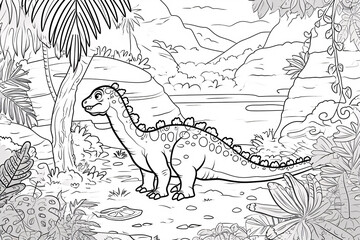 Iguanodon Dinosaur Black White Linear Doodles Line Art Coloring Page, Kids Coloring Book