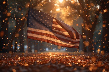 Glowing American Flag in Autumn Leaves Generative AI - obrazy, fototapety, plakaty