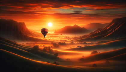 Hot Air Balloon Flight Misty Hills Sunrise Scenery