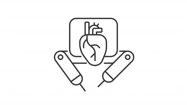 Animated robot operating heart icon. Modern surgery technology line animation. Life saving AI assistance. Black illustration on white background. HD video with alpha channel. Motion graphic