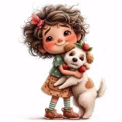 Cute girl with curly hair with a shiny bow, in a menthol T-shirt with strawberries, skirt with pockets, striped tights and shoes with clasps, hugging a big Cute Puppy