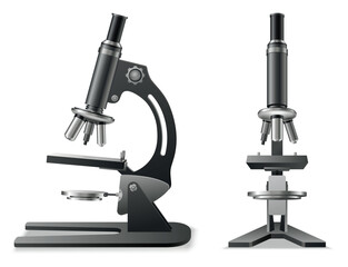 Microscope realistic, laboratory tool for magnifying. Magnification item for biology and chemical, medical research. Molecular bio technologies in laboratory. Vector illustration