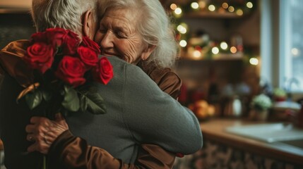 Flower bouquet, hug and senior couple with smile for celebration of marriage in kitchen of their house.
