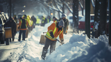 A community team shoveling snow and clearing blocked roads. - obrazy, fototapety, plakaty