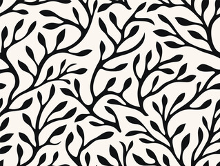 Perfectly seamless pattern, vector repeated floral texture. Branch shapes background, black and white monochrome wallpaper