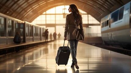 commuting business woman walking at a train station or airport towards the departure gate....