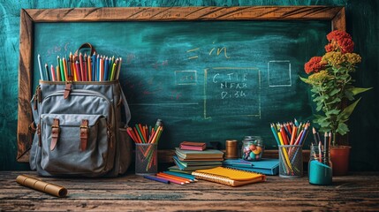 Colorful Backpack with Chalkboard and Crayons A Creative and Educational Tool for Teachers and Students Generative AI