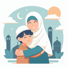muslim family hugging in front of mosque and crescent moon
