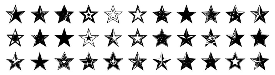 Stars shape vector illustration. Shiny effect on starry sky for christmas or birthday in style of hand drawn black doodle on white background. Celestial night silhouette textured grunge sketch