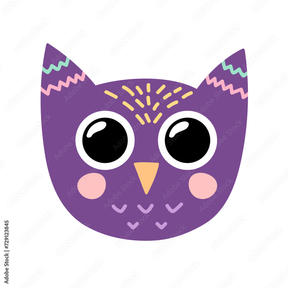 Wall mural cute owl face in cartoon style. forest bird character head for baby and kids design. funny smiling a