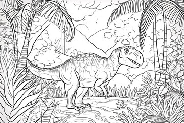 Iguanodon Dinosaur Black White Linear Doodles Line Art Coloring Page, Kids Coloring Book