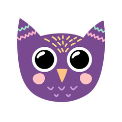 Cute owl face in cartoon style. Forest bird character head for baby and kids design. Funny smiling animal print. Vector illustration