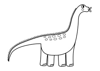 Cute brachiosaurus animal in black and white. Funny dinosaur diplodocus eating leaves in outline for coloring. Vector illustration