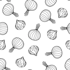 Gardinen Küche Muster  Black and white vegetables seamless pattern in cartoon style. Onion and garlic background. Fresh food print in outline for coloring page. Vector illustration  © juliyas