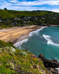 panorama of taylor's mistake beach as seen from godley head; scenic trail in christchurch,...