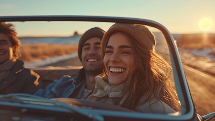 Joyful Journey: Laughter & Togetherness on Country Road -Happy Couple or Friends Enjoying The Road Trip On A Country Road