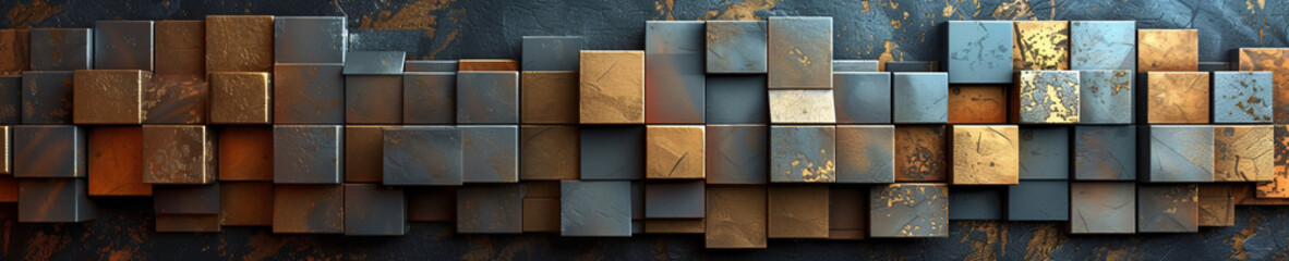 A three-dimensional wall installation comprised of interconnected cubes, each displaying a distressed and corroded surface, blending elements of urban decay and modern abstract art