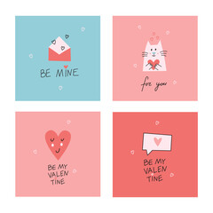 Happy valentine day romantic greeting cards set. Vector illustration with four cute cards. 