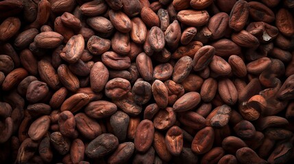 Obraz premium Dried cocoa beans and dried cocoa pods on wooden background