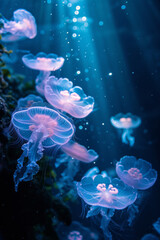 A serene underwater scene, with gentle bioluminescent jellyfish floating around. 