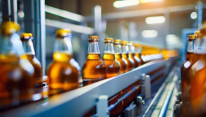 Beer bottles on a conveyor belt in a factory. Alcoholic beverage.