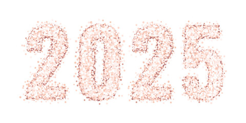 Shiny number 2025 of pink gold glitter or confetti, isolated on white background. Design for Happy New Year, Merry Christmas, Wedding etc.
