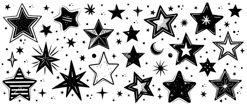 Stars shape vector illustration. Shiny effect on starry sky for christmas or birthday in style of hand drawn black doodle on white background. Celestial night silhouette textured grunge sketch