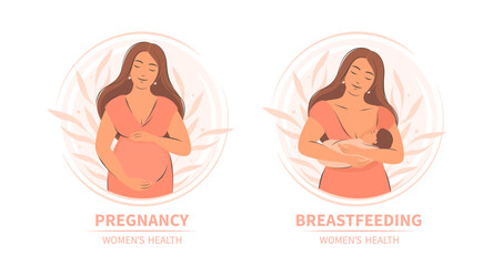 Pregnancy, breastfeeding and motherhood. Women health. Woman feeding baby. Vector illustration.