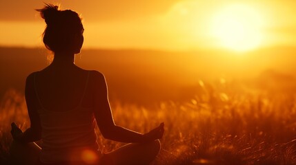 Woman practices yoga and meditates on the nature