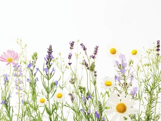 Wildflowers and green grass blades in front of white