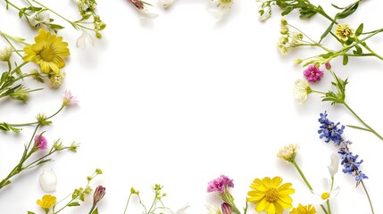 Obraz premium Wildflowers and green grass, bround circular arrangement of field wild flowers on white