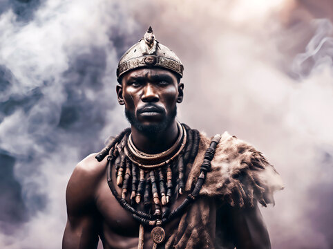 Ancient african tribal leader with beautiful eyes surrounded by smoke. Digital art.